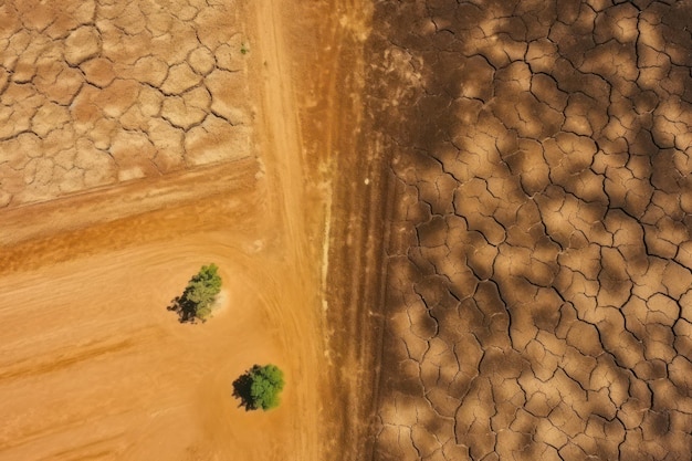 Aerial view dry cracked ground on agricultural fields dead plants heatflation rising temperature