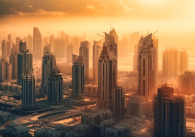 An aerial view of dubai city at sunset