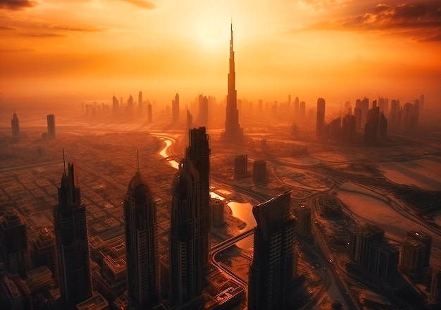 An aerial view of dubai city at sunset