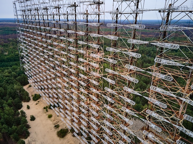 Aerial view of Duga radar system in abandoned military base in Chernobyl