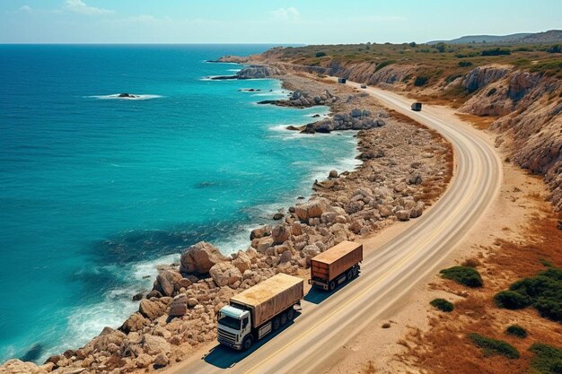 Aerial view of a dump truck convoy on a coastal highway Best Dump truck image