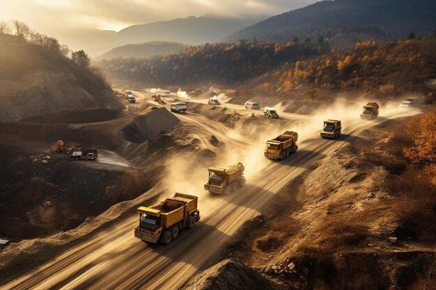 Aerial view of a dump truck convoy on a winding road Best Dump truck image