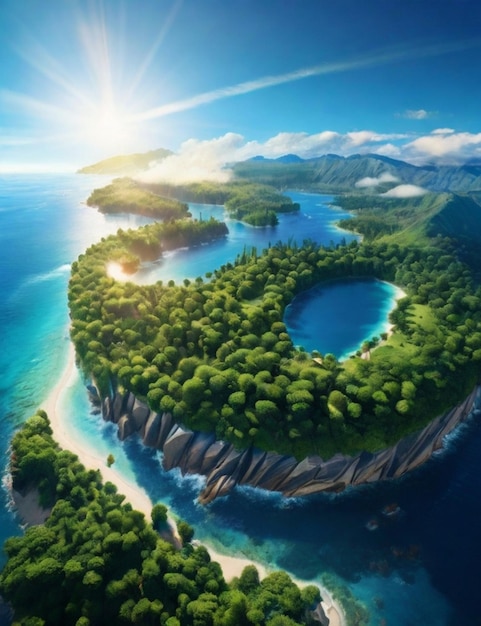 An aerial view of Earth with lush forests clean oceans and renewable energy