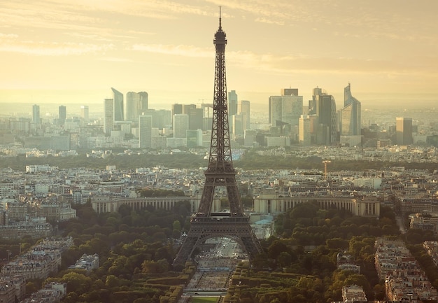 Aerial view on Eiffel Tower and district la Defense in Paris, France