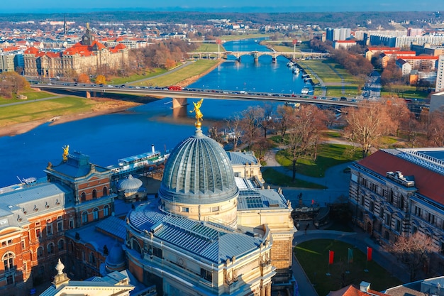 Aerial view of Elbe and roofs Dresden, Germany