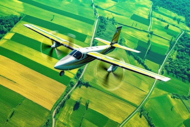 Aerial view of electric airplane flying over lush green fields created with generative ai