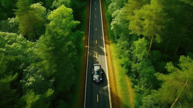 Aerial view of Electric car and EV electrical energy for environment EV car on forest road Ecosystem ecology healthy environment Generative Ai