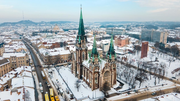 Aerial view of Elzhbeta Church in lviv city ukraine winter season