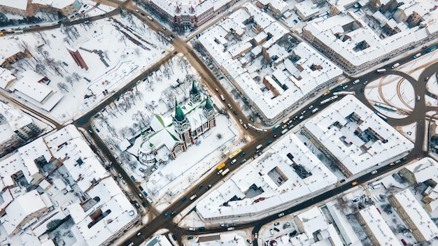 Aerial view of Elzhbeta Church in lviv city ukraine winter season