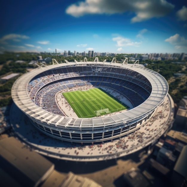 Aerial view of empty football stadium on sunny day created using generative ai technology