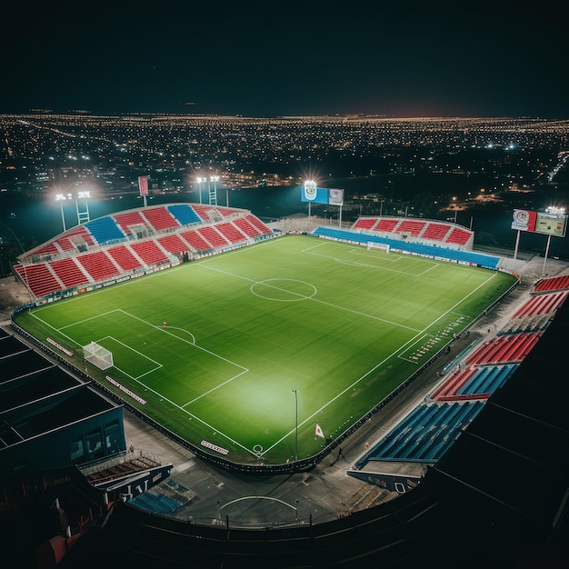 空のサッカースタジアムを夜に空から眺める