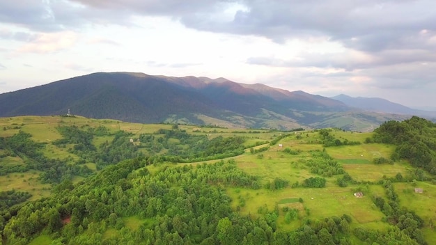 Aerial view of the endless lush pastures of the Carpathian expanses and agricultural land Cultivated agricultural field Rural mountain landscape at sunset Ukraine