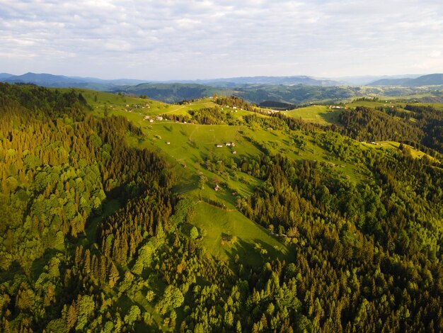 Aerial view of the endless lush pastures of the Carpathian expanses and agricultural land.