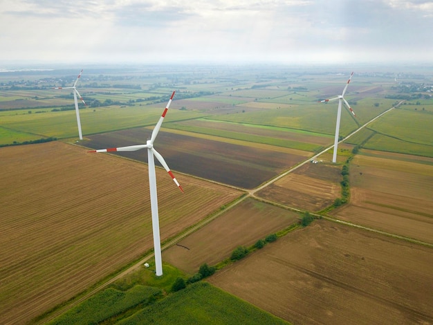 Aerial view of energy producing wind turbines Poland