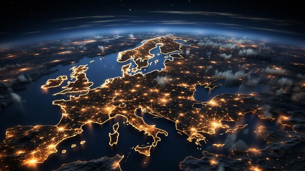 Aerial view of Europe from space at night Communication technology with global internet network connected in Europe