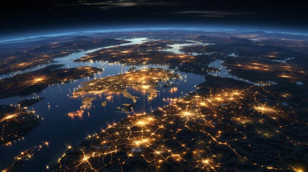 Aerial view of Europe from space at night Communication technology with global internet network connected in Europe