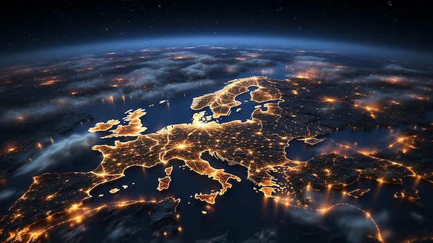 밤에 우주에서 유럽의 공중 사진 전 세계 인터넷 네트워크로 연결된 유럽의 통신 기술