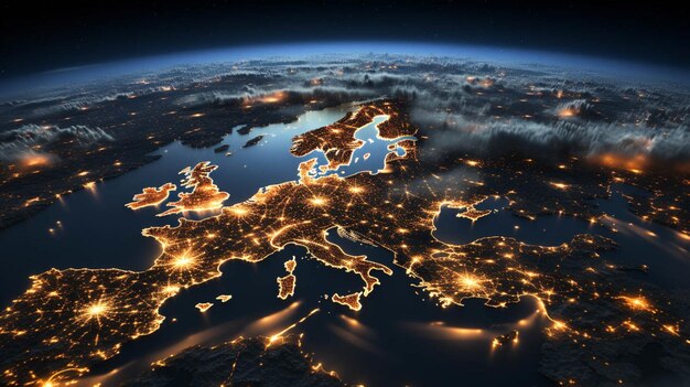 Aerial view of Europe from space at night Communication technology with global internet network connected in Europe