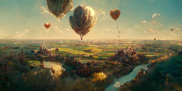 Aerial view of a European landscape from a hot air balloon with a loving couple, 3d render