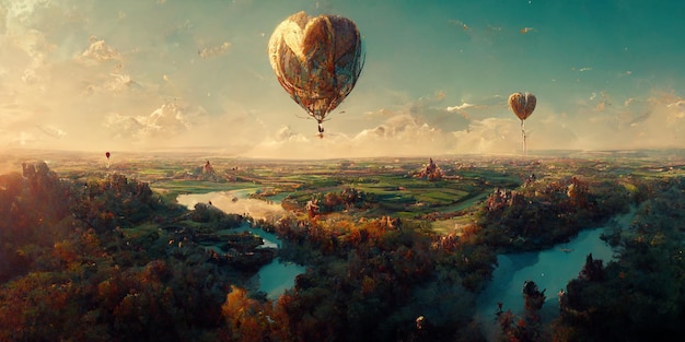 Aerial view of a European landscape from a hot air balloon with a loving couple, 3d render