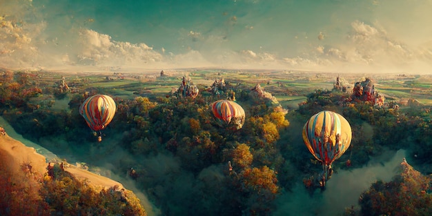 Aerial view of a European landscape from a hot air balloon with a loving couple, 3d render