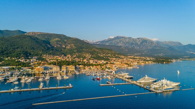 Aerial view of the evening in Porto Montenegro in Tivat.