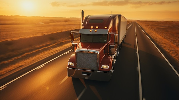 Foto vista aerea estrema di un camion americano che guida lungo un'autostrada al tramonto