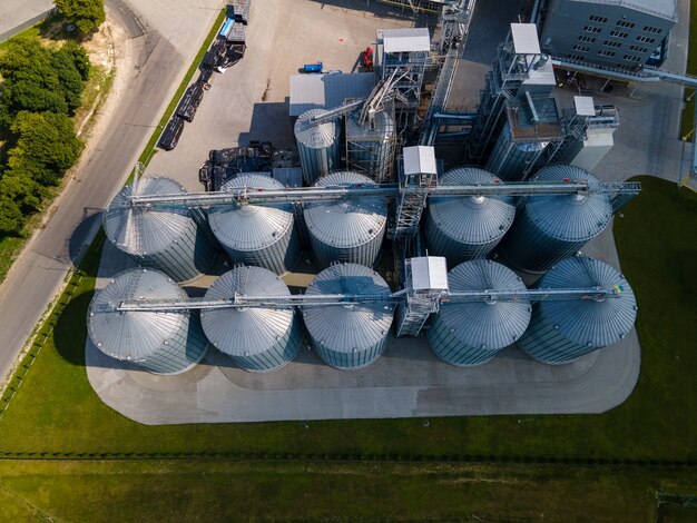 Aerial view of factory copy space sunny summer day. storage containers