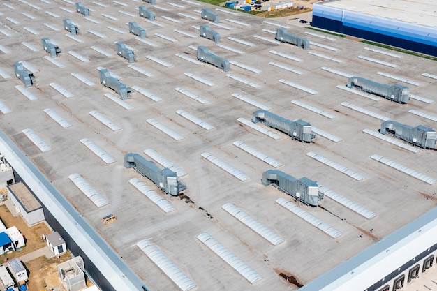 Aerial view of a factory roof with many ventilation ducts