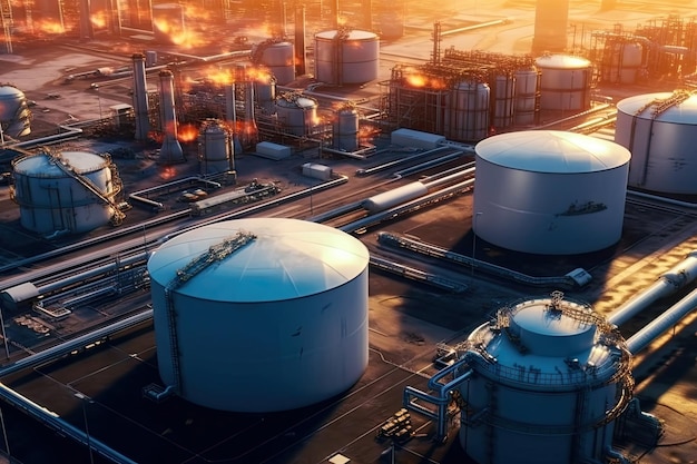 Aerial view of factory station oil fuel storage tank petroleum refinery manufactory Generative AI