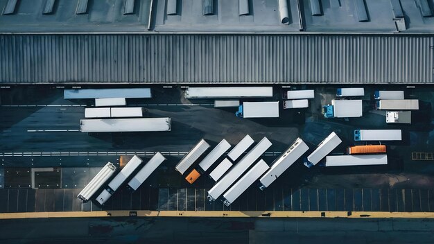 Aerial view of factory trucks parked near the warehouse at daytime