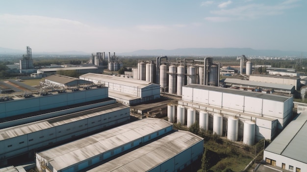 Aerial view of a factory with a blue sky and mountains in the background