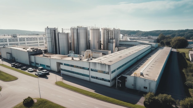 Aerial view of a factory with a road in the background.