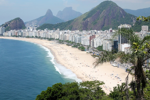 ブラジルのリオデジャネイロにある有名なコパカバーナビーチの空撮。