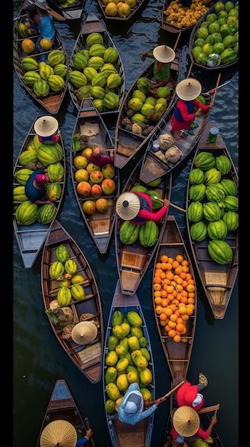 Aerial view famous floating market in Thailand Damnoen Saduak floating marke