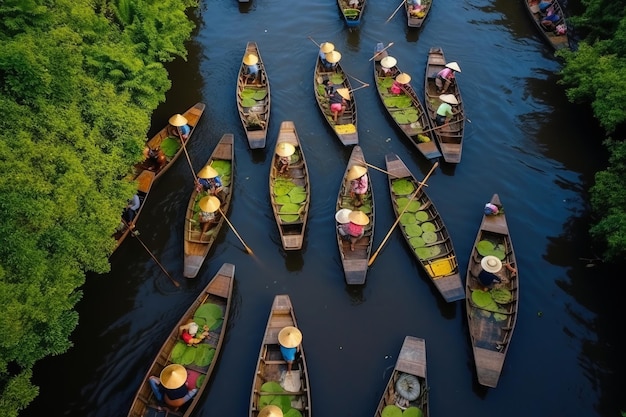 Aerial view famous floating market in Thailand Damnoen Saduak floating marke