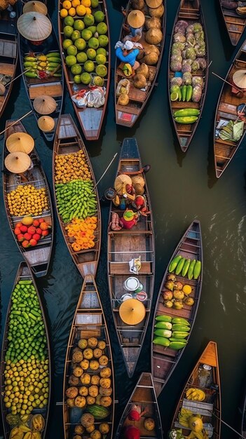 Photo aerial view famous floating market in thailand damnoen saduak floating marke