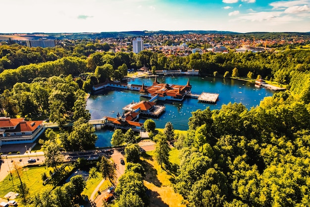 Aerial view of the famous Lake Heviz in Hungary near the lake Balaton The largest thermal lake in the world available to bath Discover the beauties of Hungary