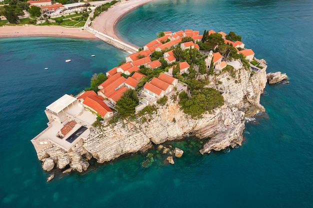 Aerial view of famous Sveti Stefan island, luxurious resort in Montenegro