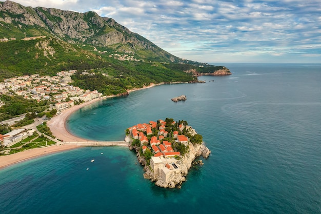 Aerial view of famous Sveti Stefan island, luxurious resort in Montenegro