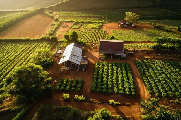 Aerial view of a farm in the mountains