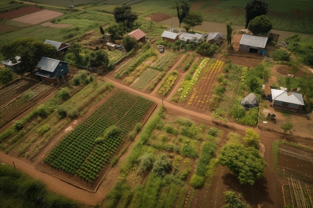 An aerial view of a farm with lots of crops generative AI