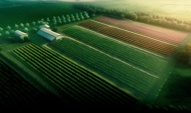 Aerial view of a farm with rows of crops stretching out in all directions