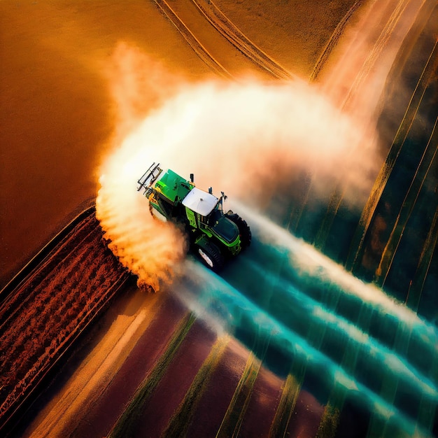 Aerial view of farming tractor plowing and spraying on field Generative Ai