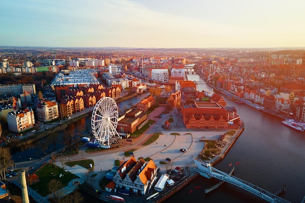 Aerial view ferris wheel attraction in Gdansk city Poland