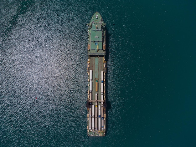 Aerial view of a ferry boat transporting trucks in the sea