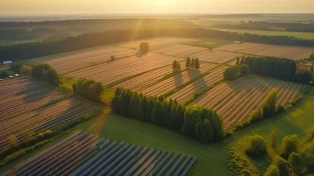 An aerial view of a field of rows of rows of rows of sunflowers.