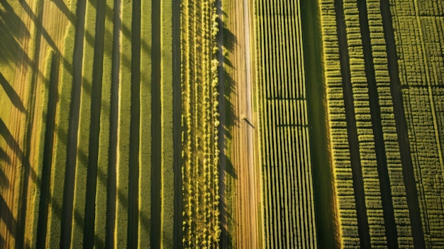 An aerial view of a field with a train track