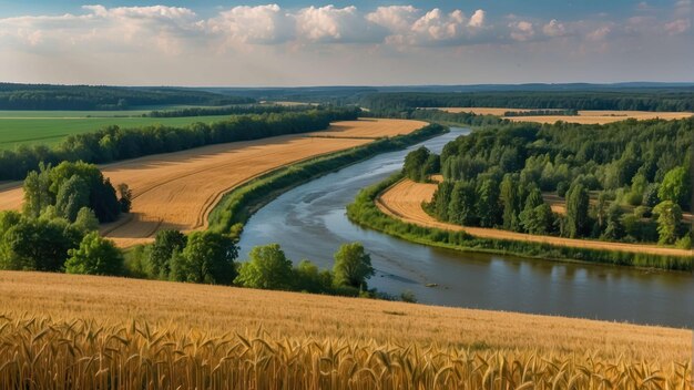 Aerial view of fields by a river