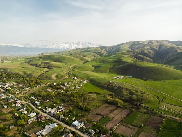 Aerial view of fields during spring